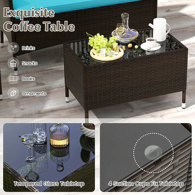 4 Pieces Comfortable Mix Outdoor Rattan Sofa Set with Glass Coffee Table 4 -Piece Rattan Patio Conversation Set with Blue Cushions