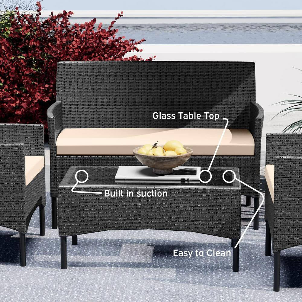 4-Piece Black Patio Outdoor Furniture Wicker Conversation Set with Beige Cushions, 1-Loveseat, 2-Chairs and Coffee Table