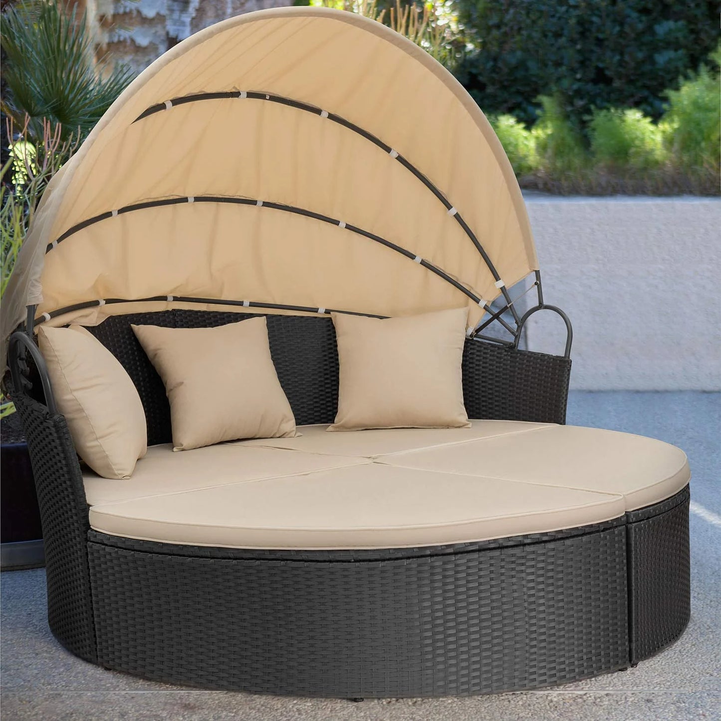 Outdoor Patio round Daybed with Retractable Canopy Wicker Furniture Sectional Seating with Washable Cushions for Patio Backyard Porch Pool Daybed Separated Seating (Beige)