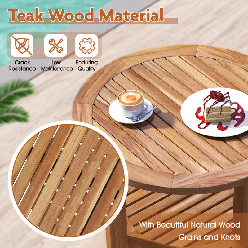 Outdoor Teak Wood round Side Table Patio End Table with Slatted Storage Shelf