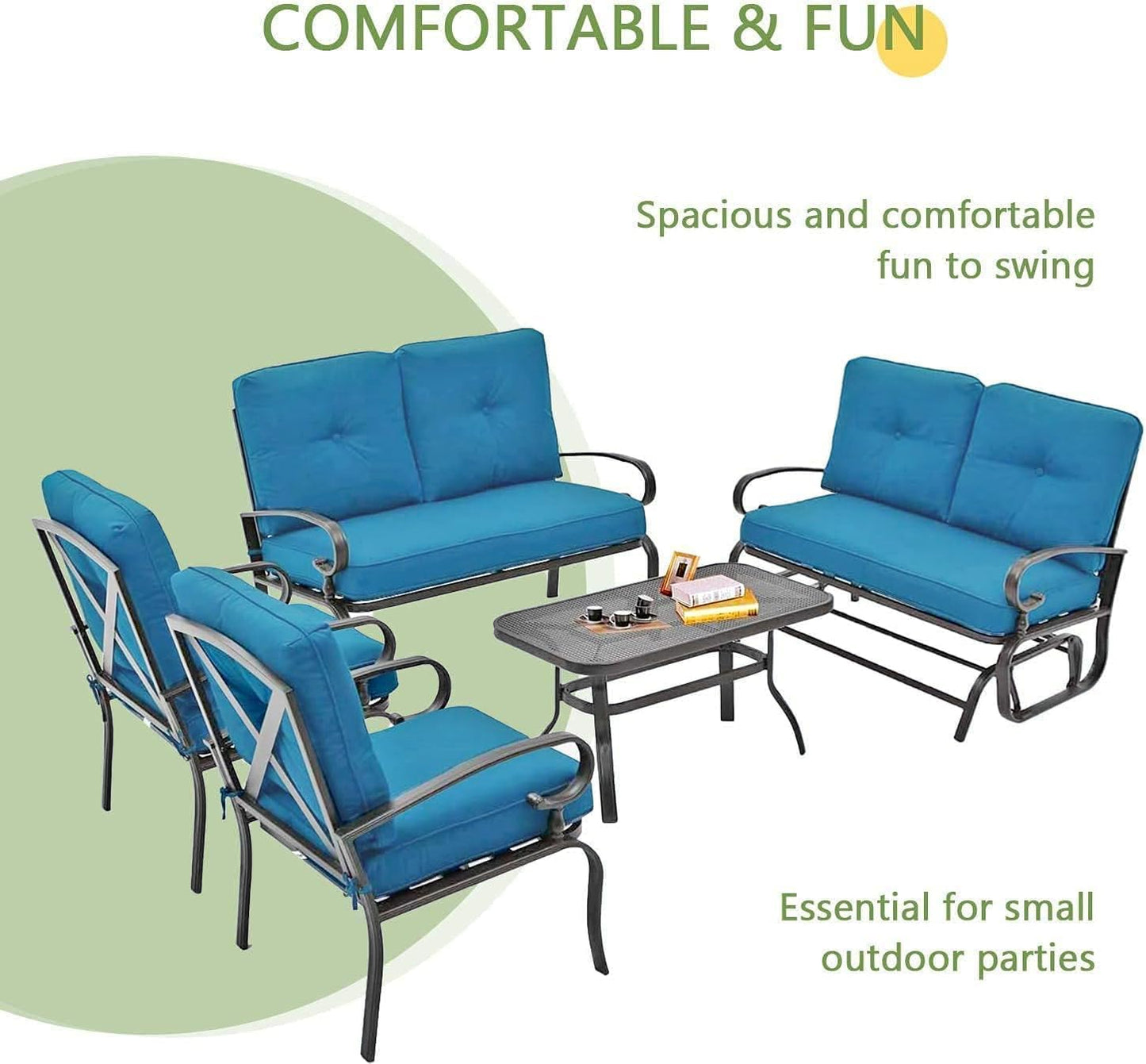 Outdoor Metal Furniture Sets 5 Pieces(6 Seats) Patio Conversation Set (Patio Swing Glider, 2 Patio Chairs, Loveseat with Coffee Table), Peacock Blue