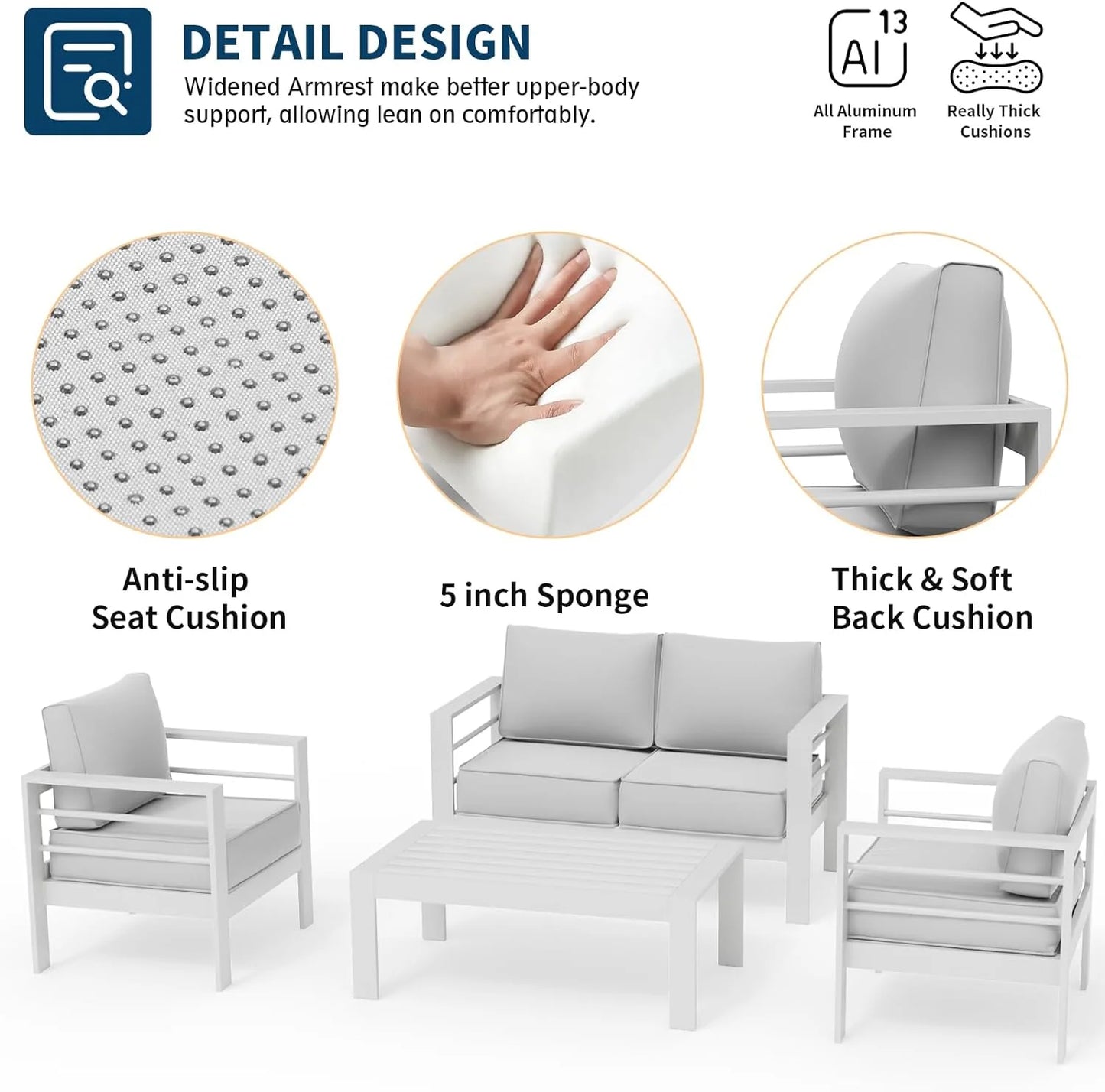 Aluminum Patio Furniture,Outdoor Metal Sectional Sofa with Table and Waterproof Covers,White Modern Patio Furniture Set for Garden Backyard (5-Piece)