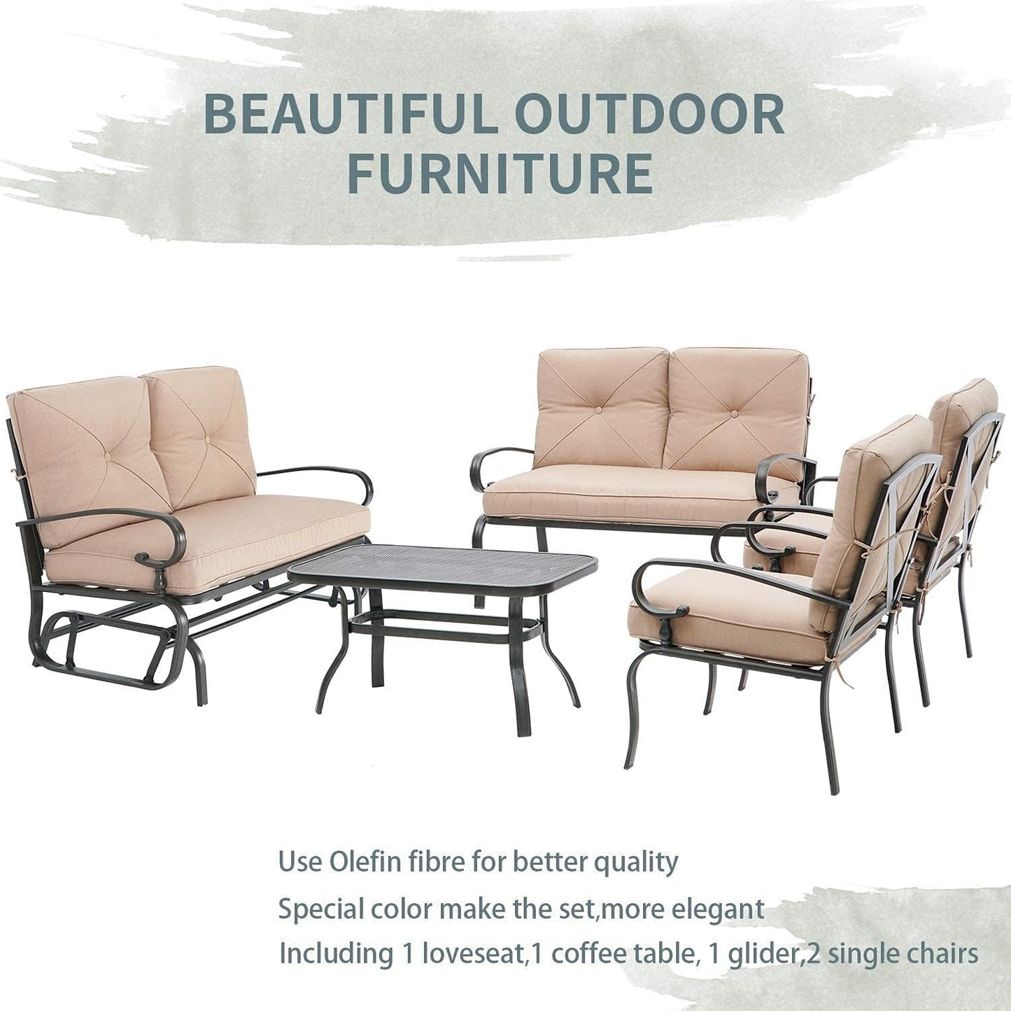 Outdoor Metal Furniture Sets 5 Pieces(6 Seats) Patio Conversation Set (Patio Swing Glider, 2 Patio Chairs, Loveseat with Coffee Table), Brown