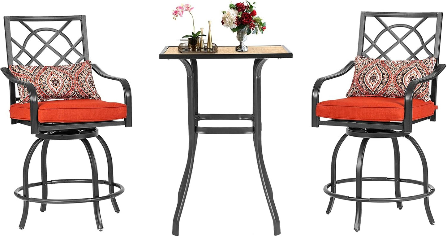 3-Piece Outdoor Patio Swivel Bar Stool Set with Height Outdoor Bar Table (Wood-Like Desktop) and Patio High Swivel Bar Stool Chairs
