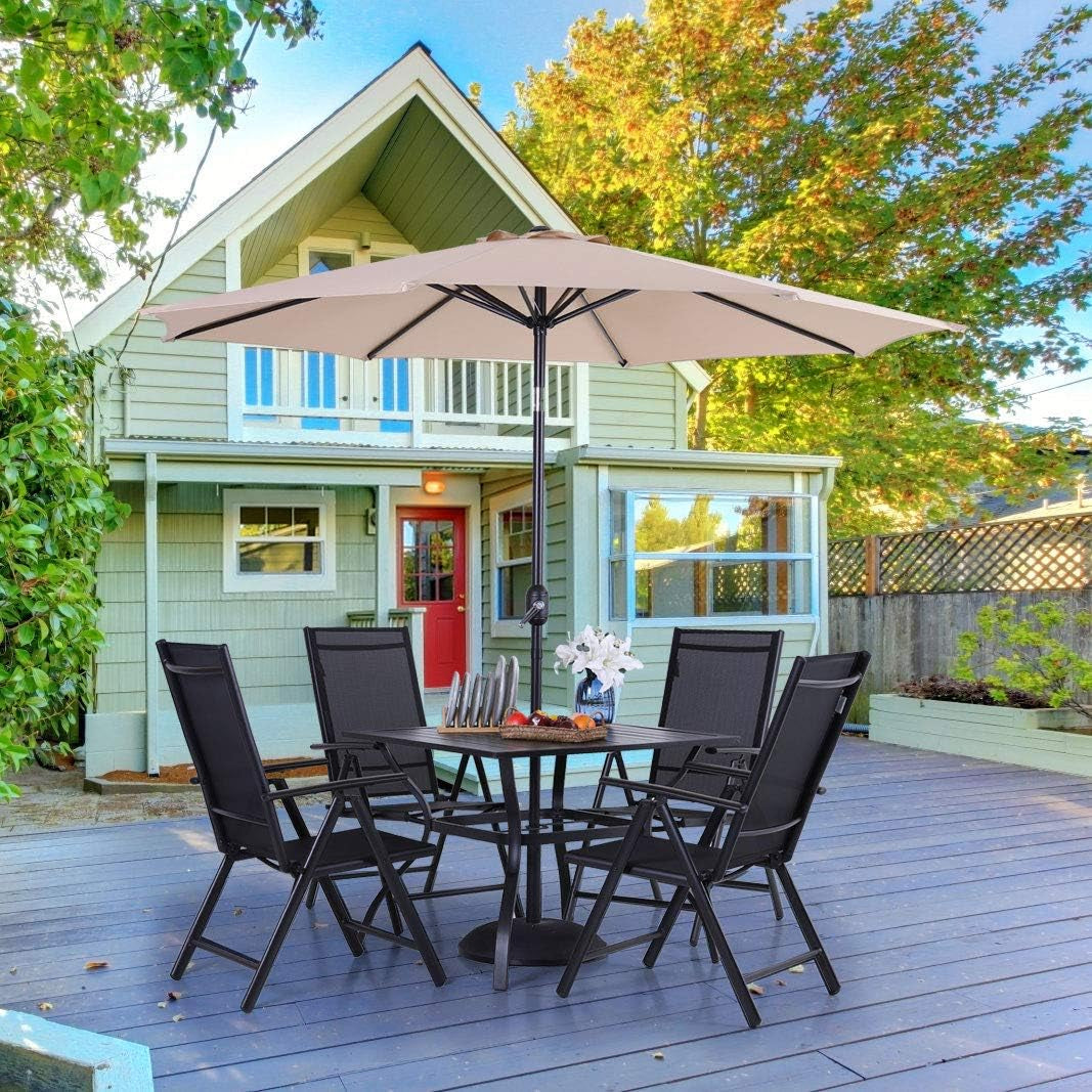 Outdoor Patio Dining Set for 4 with 9 FT Patio Umbrella, Patio Table and Chairs Set with Adjustable Patio Folding Chairs & Outdoor Dining Table, Beige Umbrella (No Base)