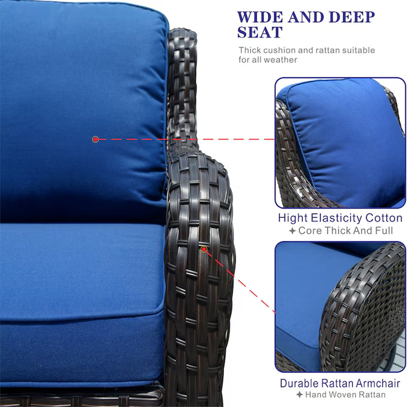 6 -Piece Rattan Patio Sofa Conversation Set with Blue Cushions