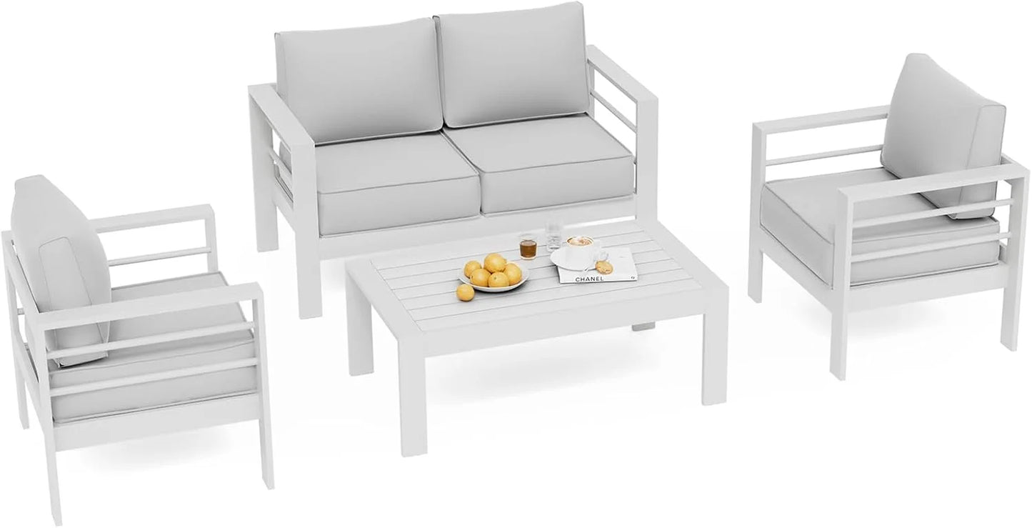 Aluminum Patio Furniture,Outdoor Metal Sectional Sofa with Table and Waterproof Covers,White Modern Patio Furniture Set for Garden Backyard (5-Piece)