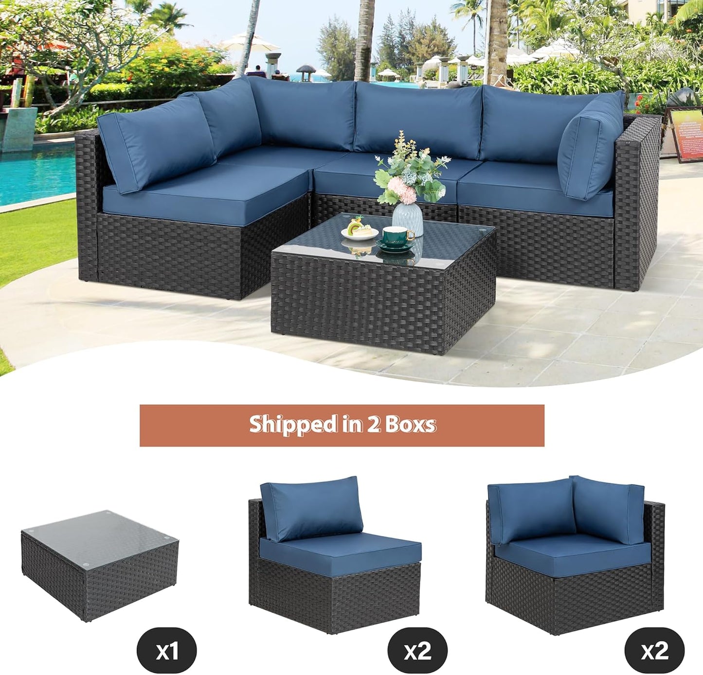 5 Pieces Outdoor Patio Furniture Set, All-Weather Rattan Patio Sectional Sofa Wicker Conversation Set with Glass Table and Cushions(Aegean Blue)