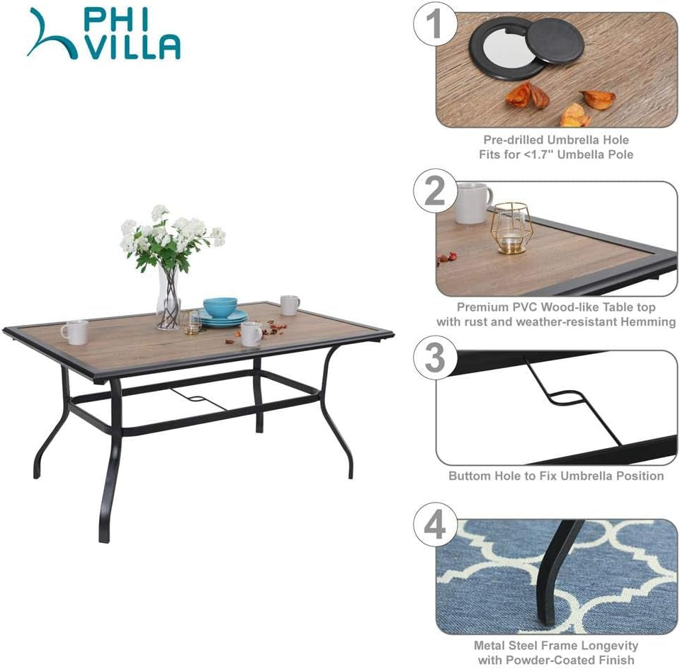 7 Pcs Patio Dining Set with Umbrella(Beige),6 Swivel Dining Chair & 1 Rectangular Woode-Like Top Table Set for 6 Person with 13Ft Outdoor Market Umbrella(No Base)