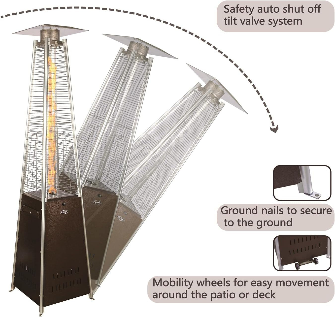 Pyramid Patio Heater - 48,000 BTU Propane Outdoor Heater with Glass Tube, Wheels, Gold Hammered Bronze Finish