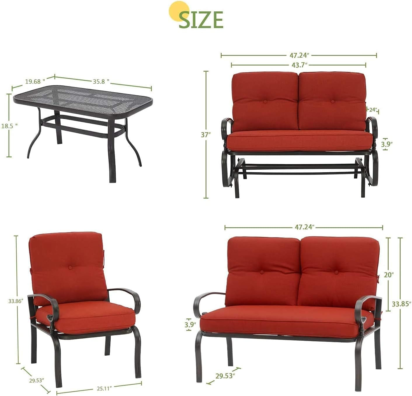 Outdoor Metal Furniture Sets 5 Pieces(6 Seats) Patio Conversation Set (Patio Swing Glider, 2 Patio Chairs, Loveseat with Coffee Table), Red