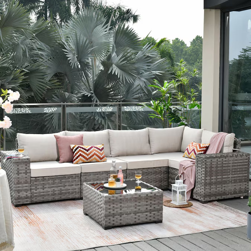 Shine Rattan Outdoor Sectional with Dark Gray Cushions and Rattan Frame