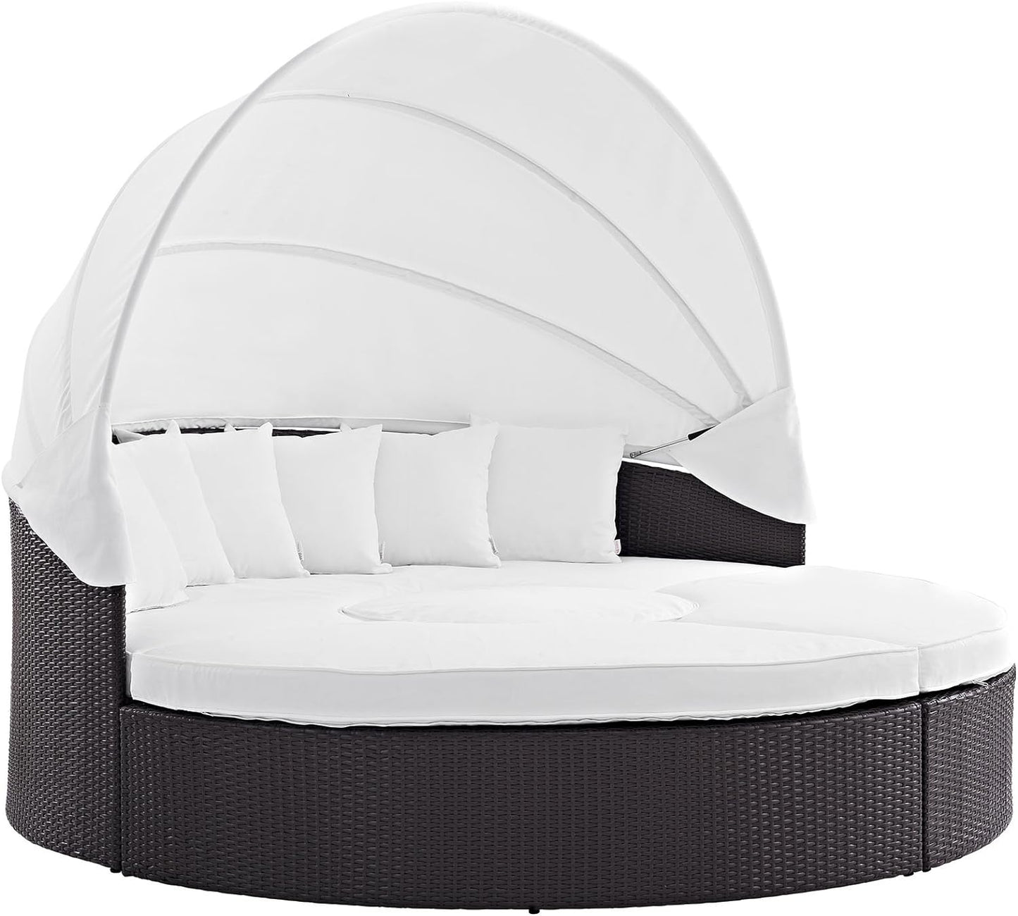 Convene Wicker Rattan Outdoor Patio Retractable Canopy round Poolside Sectional Sofa Daybed with Cushions in Espresso White