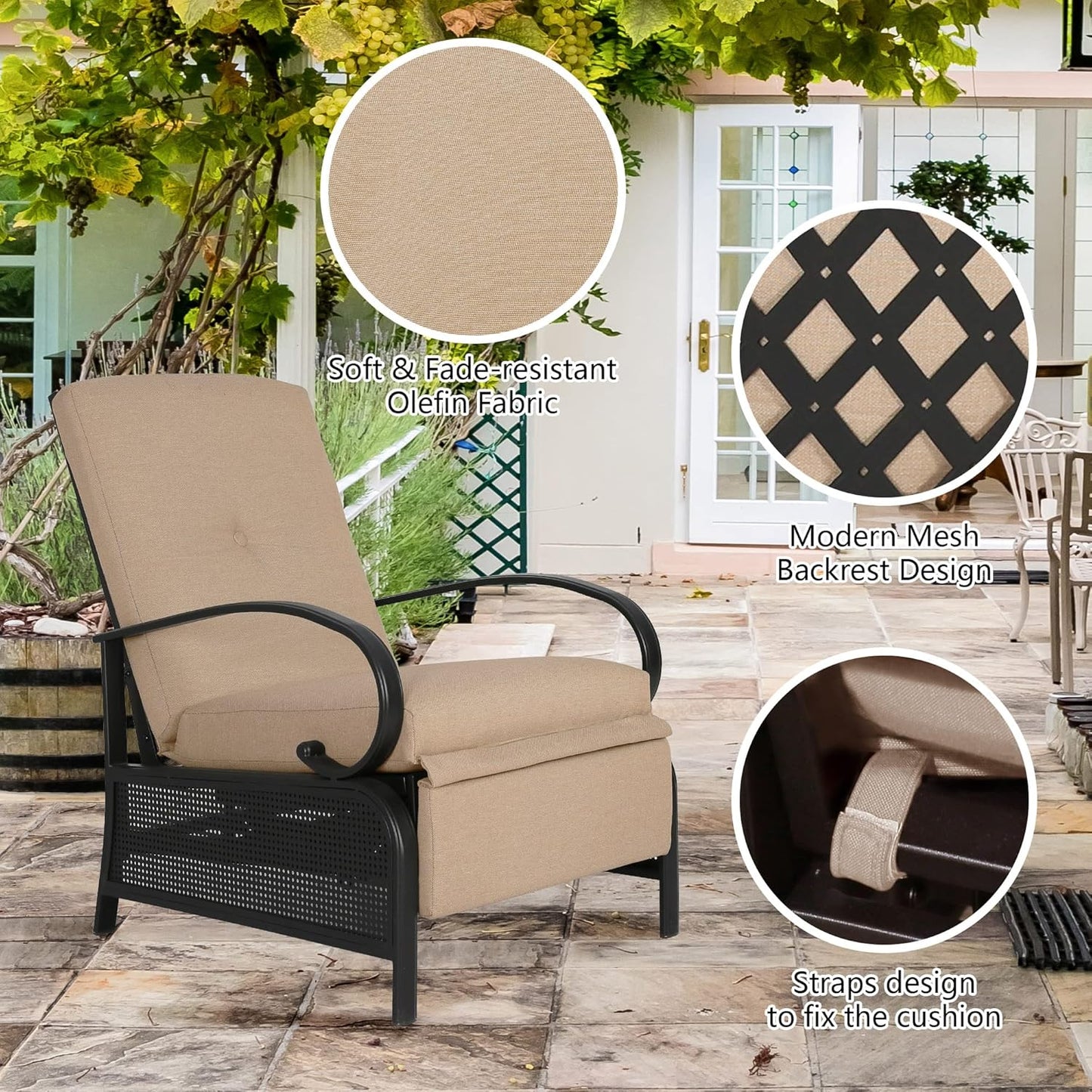 Adjustable Outdoor Reclining Lounge Chair Patio Recliner Chair with Strong Extendable Metal Frame and Removable Cushions for Outdoor Reading or Relaxation (Beige) (NPT237)