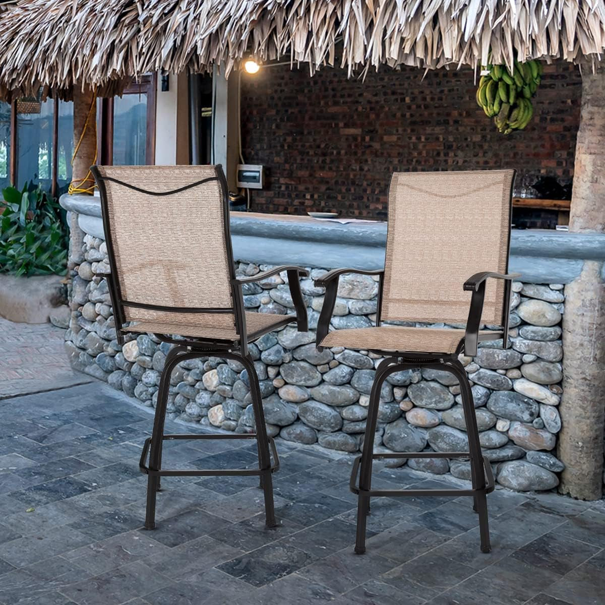 Patio Swivel Bar Stools 2 Pcs, Outdoor Bar Height Patio Chairs, All-Weather Patio Furniture, Brown