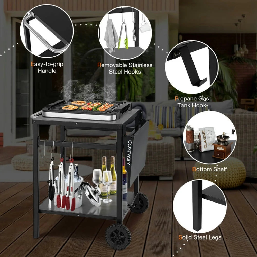 Outdoor Patio Barbecue Cooker, Outdoor Grills,Movable Outdoor Grill Cart with Folding Tabletop and Hooks-Black