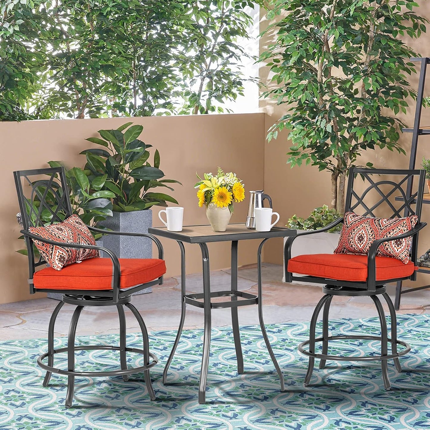 3-Piece Outdoor Patio Swivel Bar Stool Set with Height Outdoor Bar Table (Wood-Like Desktop) and Patio High Swivel Bar Stool Chairs