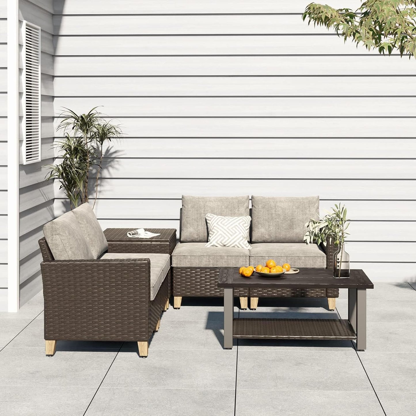 Sofa Sets Outdoor Furniture Sets 6 Pieces Conversation Set, PE Wicker Patio Furniture Sectional Sofa with Thick Olefin Cushions for Yard Garden Porch &Brown