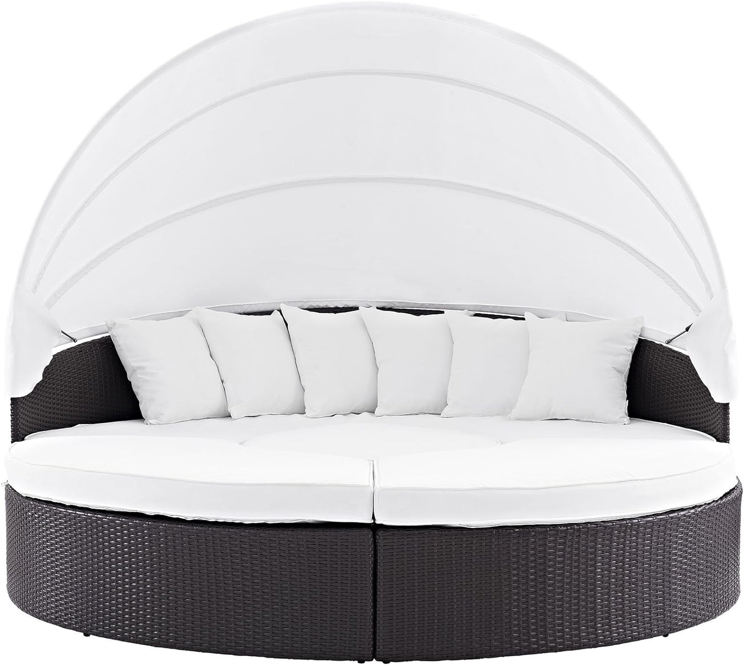 Convene Wicker Rattan Outdoor Patio Retractable Canopy round Poolside Sectional Sofa Daybed with Cushions in Espresso White