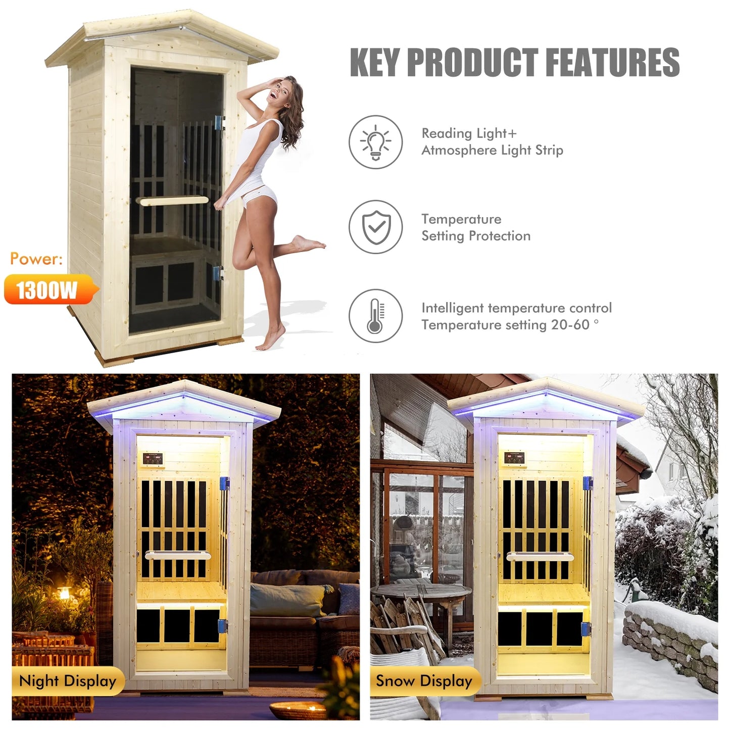 Outdoor Far Infrared Sauna Wooden Saunas Spa 1300W Low-Emf Dry Sauna Room for One Person Finland Spruce Wood