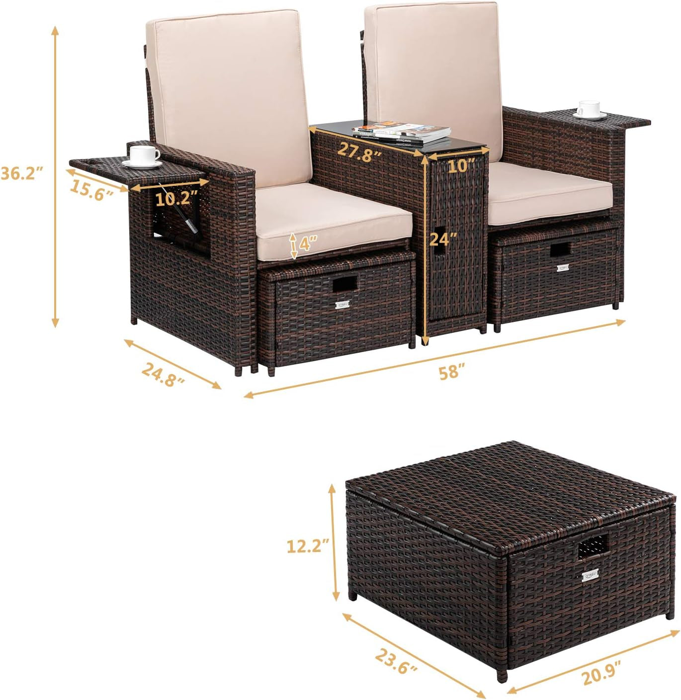 5 PCS Patio Wicker Loveseat Outdoor Patio Adjustable Lounge Chair with Ottoman, Patio Conversation Set Outdoor Rattan Sofa Set for Garden, Patio, Balcony (Brown)