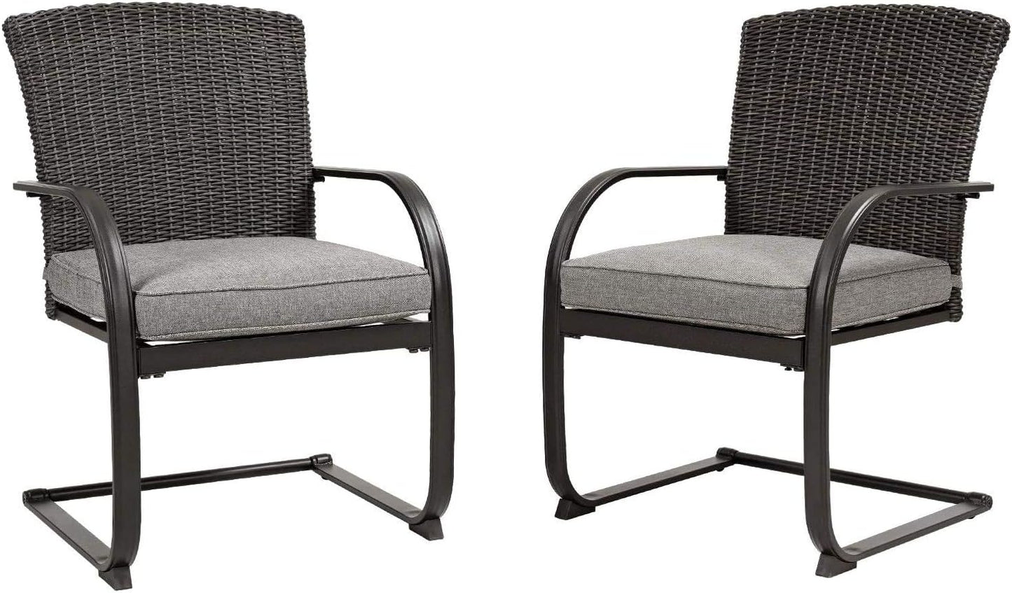 2-Piece Dining Wicker Chair Outdoor Conversation Set with Cushions C-Spring Rocker Lounge Chair Set of 2 for Yard, Garden, Backyard, Deck, Bistro-Grey