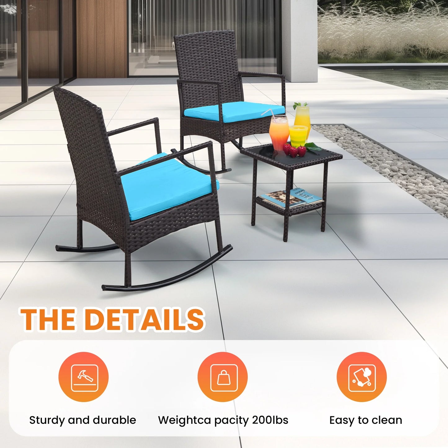 Oversize 3 Piece Patio Furniture Set Outdoor Patio Rocking Chair Set for Balcony Garden Bistro,Blue