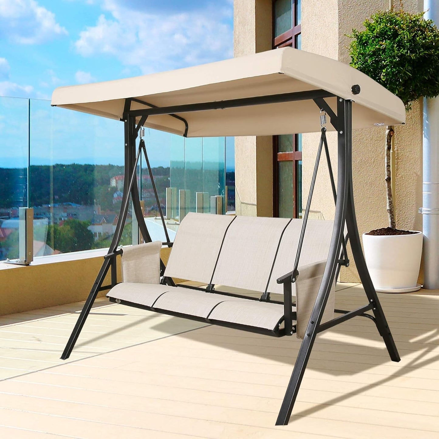 3-Seater Outdoor Porch Swing Patio Hammock Swing Glider Bench with Adjustable Canopy(Tan)