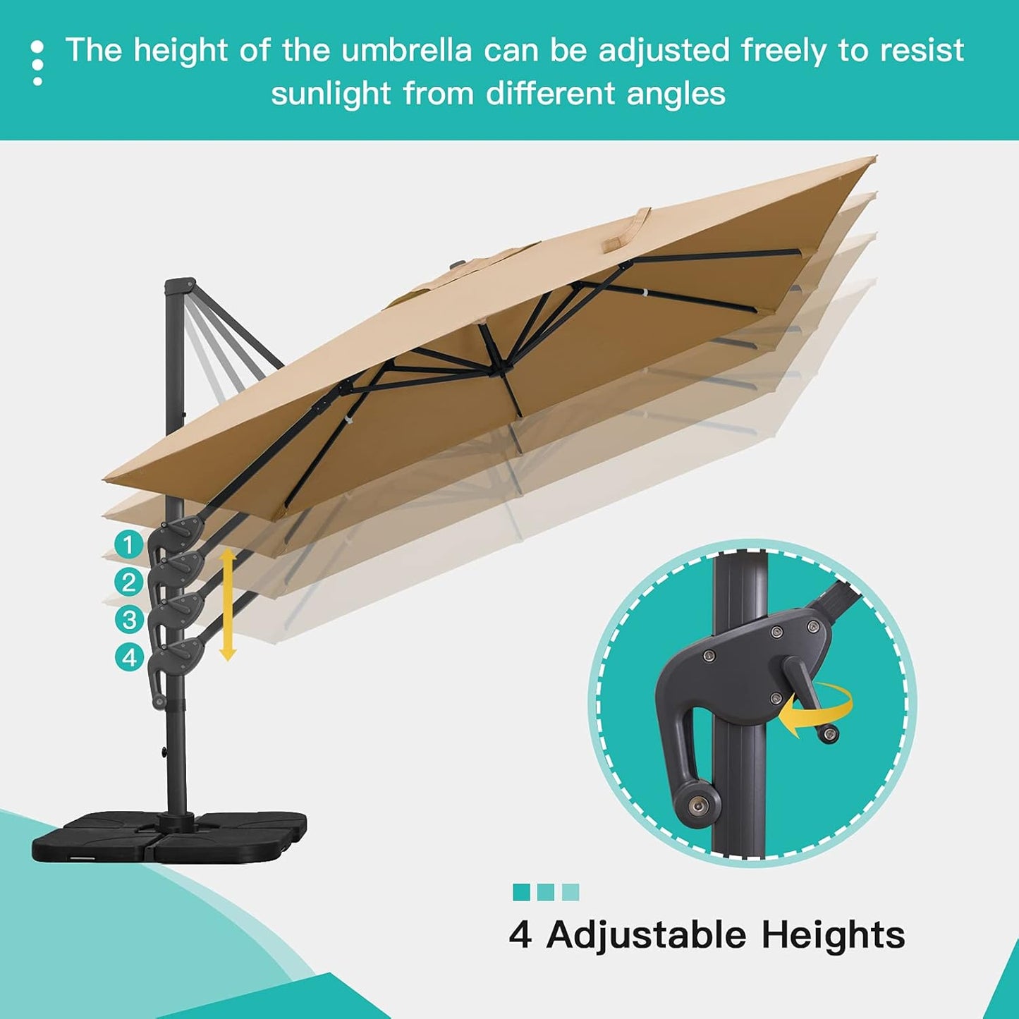 10X13Ft Cantilever Patio Umbrella Rectangular Deluxe Offset 360°Rotation & Integrated Tilting System Hanging Umbrella for Market Garden Deck Pool Backyard Patio (Tan)