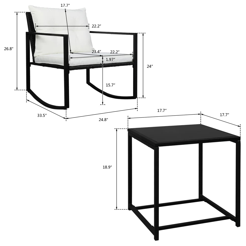 3 Pieces Patio Furniture Set Rocking Wicker Bistro Sets, Modern Outdoor Rocking Chair Furniture Sets Cushioned PE Rattan Chairs Conversation Sets with Coffee Table, Outdoor Chairs for Backyard, Q16777