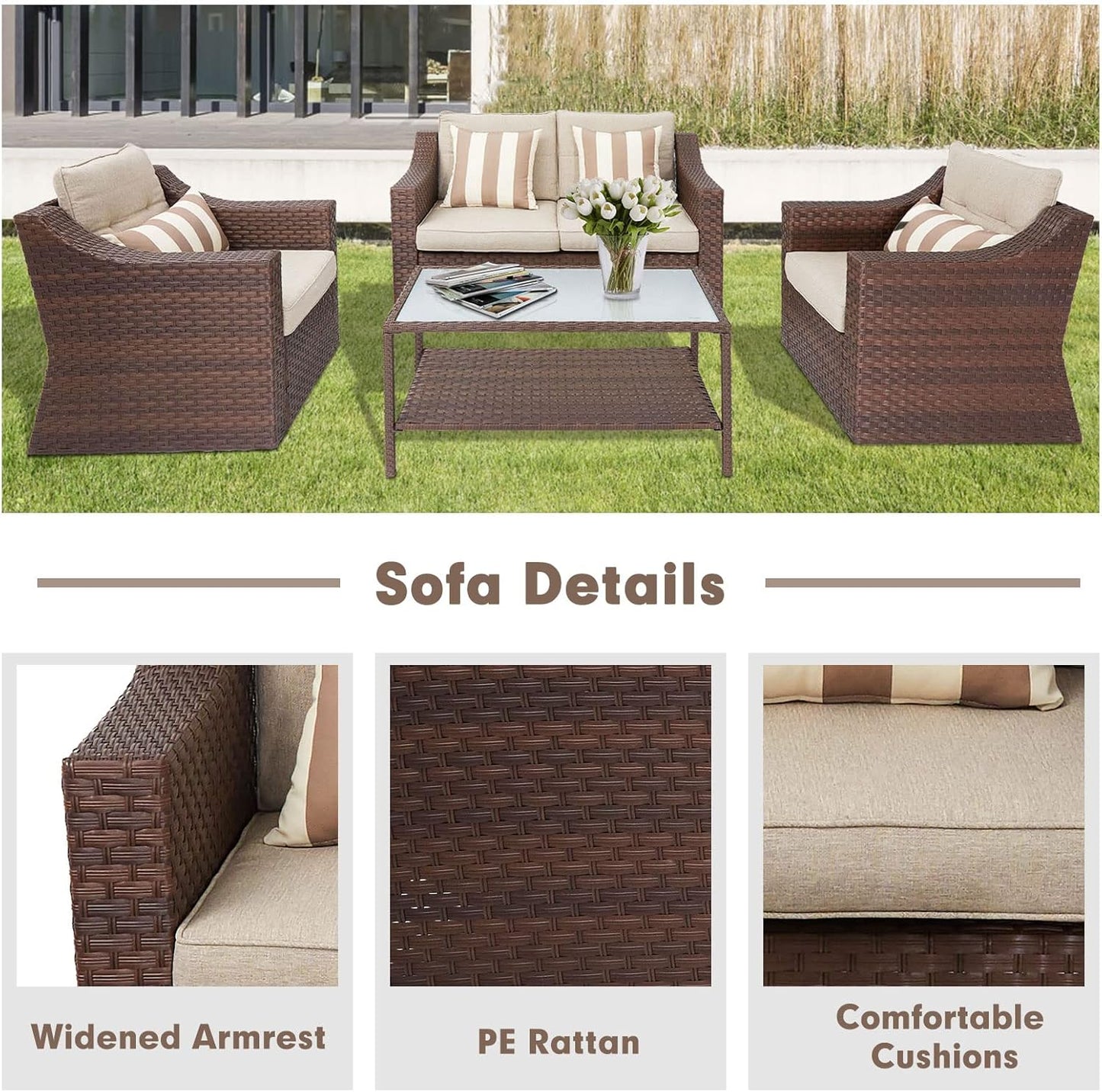 Outdoor Furniture 4-Piece Conversation Furniture Set All Weather Brown Wicker with Beige Cushions & Sophisticated Glass Coffee Table