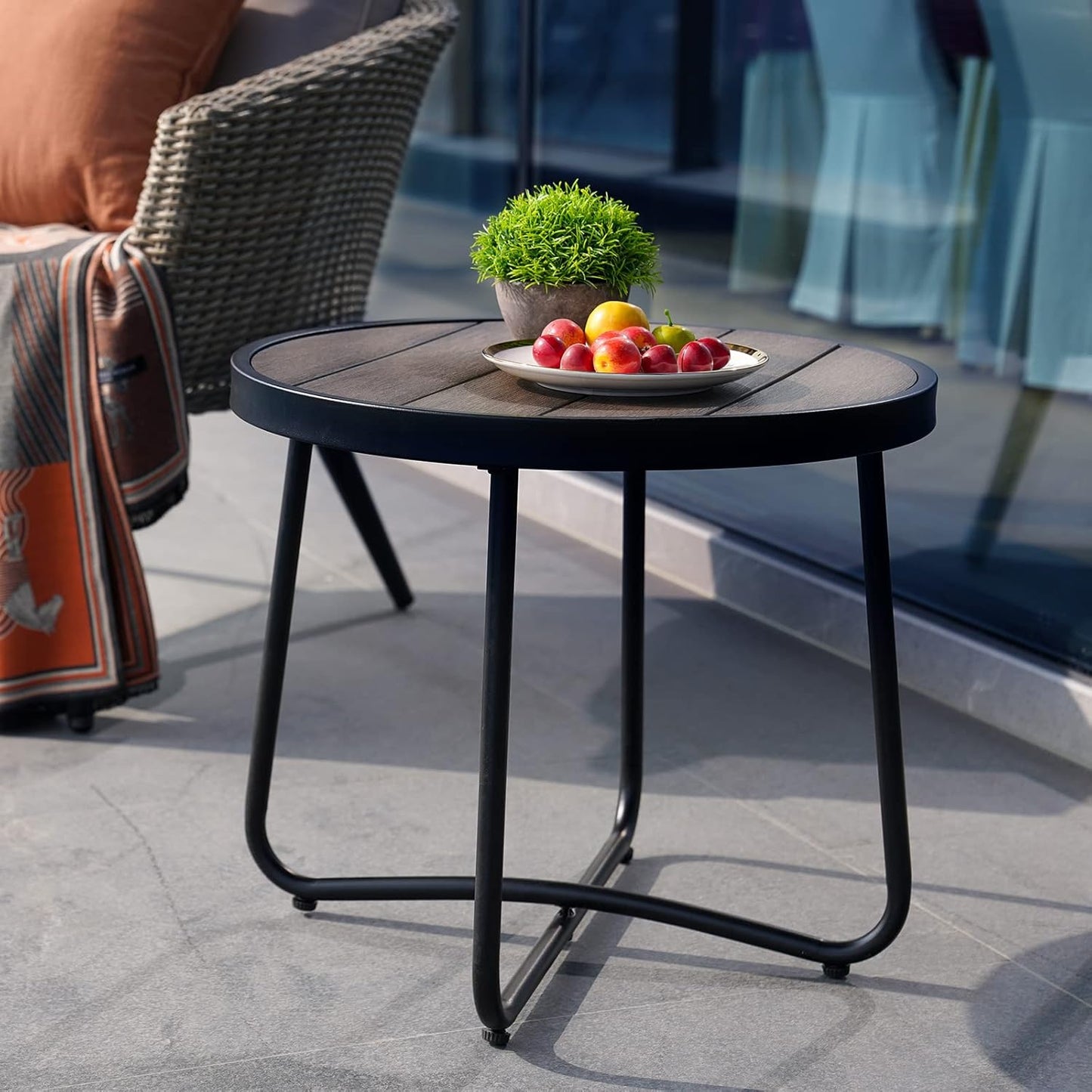 Outdoor Side Table, round End Table with Imitation Wood Tabletop, Dark Grey