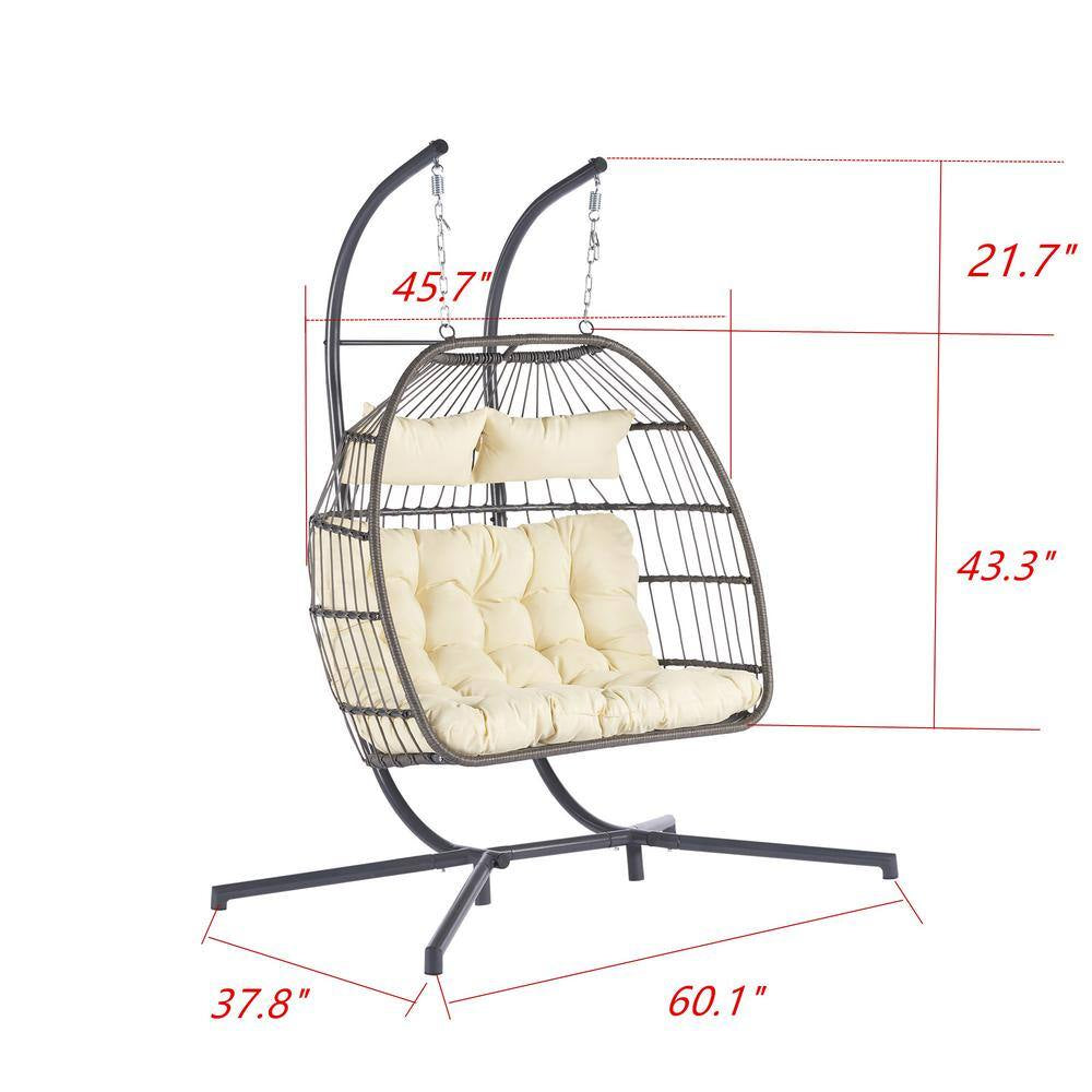 Patio 60.1 In. W 2-Person Wicker Patio Swing Hanging Chair Egg Chair with Beige Cushions