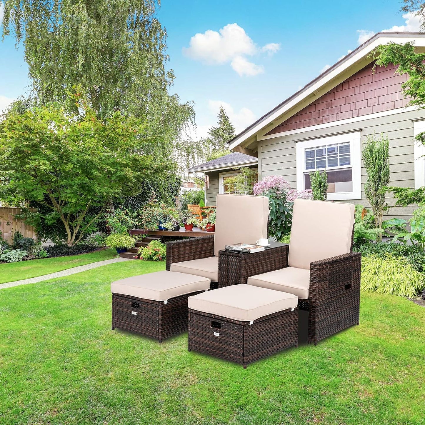 5 PCS Patio Wicker Loveseat Outdoor Patio Adjustable Lounge Chair with Ottoman, Patio Conversation Set Outdoor Rattan Sofa Set for Garden, Patio, Balcony (Brown)