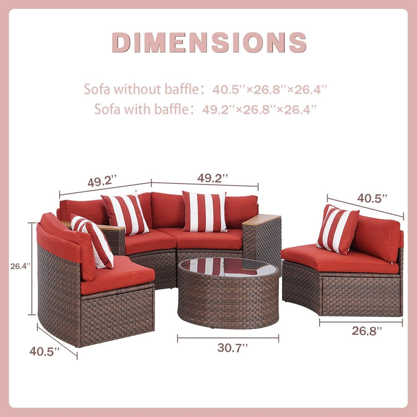 5-Piece Patio Sectional Furniture Set Half-Moon Patio Set Brown Wicker Curved Outdoor Sofa with Red Cushions & round Glass Coffee Table (Pillow Included)