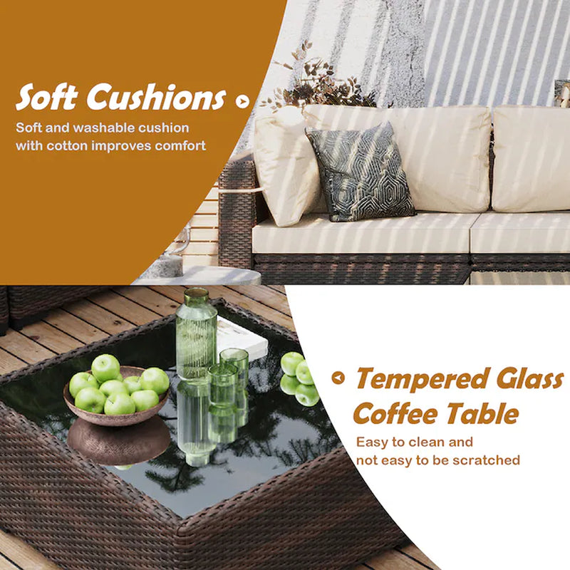 7 -Piece Rattan Patio Sofa Conversation Set with Off-White Cushions