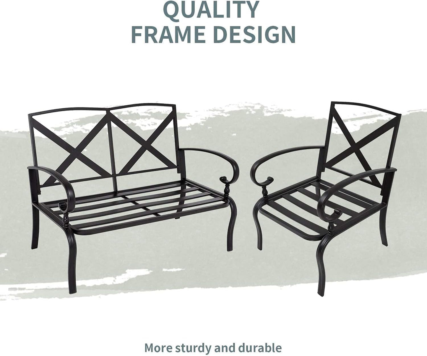Outdoor Metal Furniture Sets 5 Pieces(6 Seats) Patio Conversation Set (Patio Swing Glider, 2 Patio Chairs, Loveseat with Coffee Table), Brown