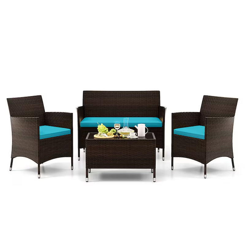 4 Pieces Comfortable Mix Outdoor Rattan Sofa Set with Glass Coffee Table 4 -Piece Rattan Patio Conversation Set with Blue Cushions