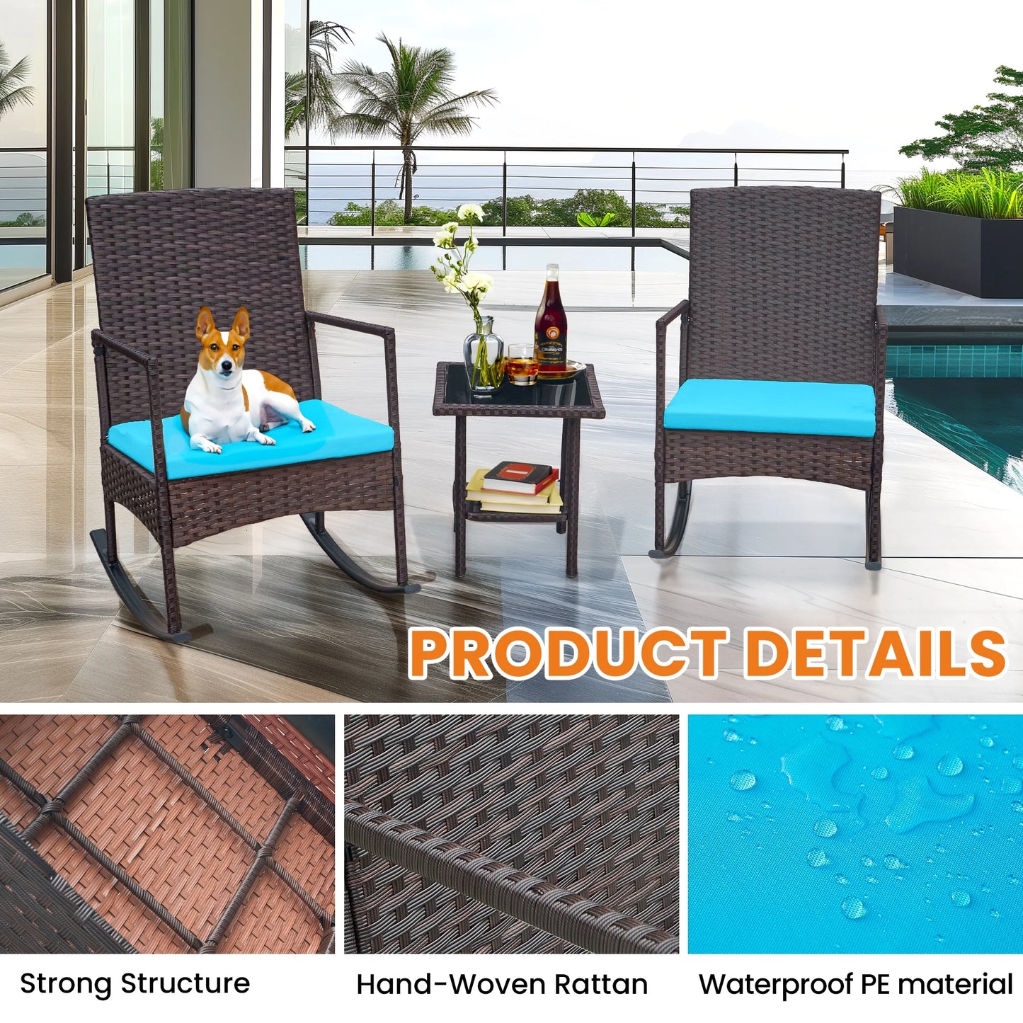 Oversize 3 Piece Patio Furniture Set Outdoor Patio Rocking Chair Set for Balcony Garden Bistro,Blue