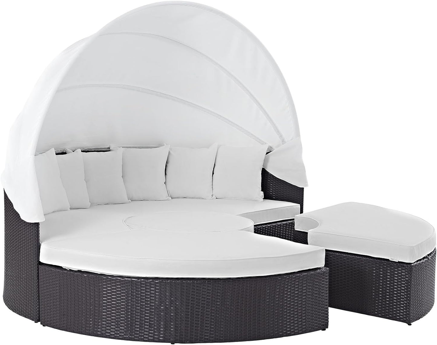 Convene Wicker Rattan Outdoor Patio Retractable Canopy round Poolside Sectional Sofa Daybed with Cushions in Espresso White