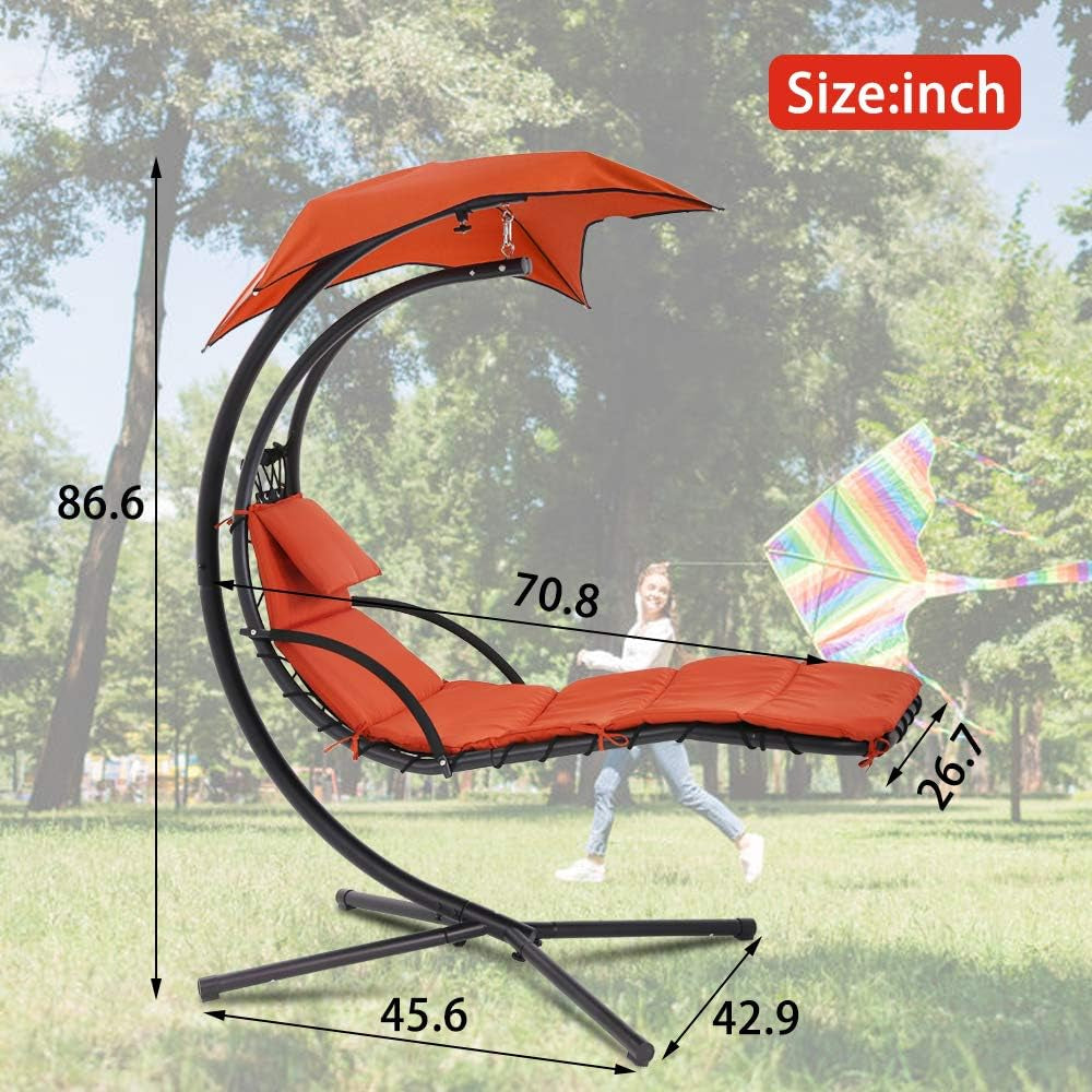 Patio Chair Hammock Chair Hanging Chairs Indoor Outdoor Swing Lounge Chair with Pillow, Canopy, Stand - Heavy Duty Arc Stand Floating Curved Chaise for Pool, Backyard, Deck - Orange