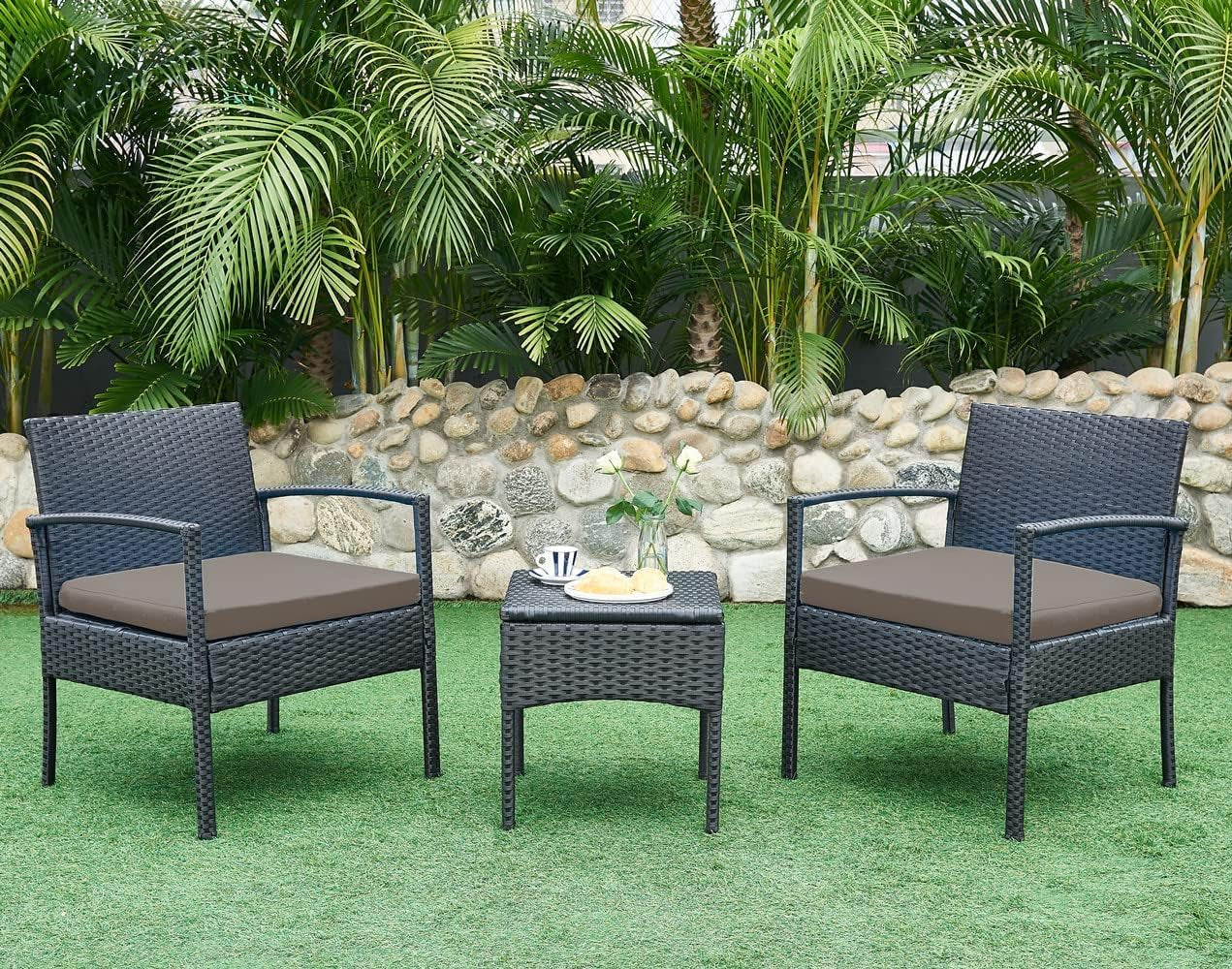 3 Pieces Patio Furniture Set, Outdoor Furniture Set, Patio Bistro Set Outdoor, Patio Conversation Set, Patio Set, Patio Table and Chairs, Patio Chairs with Coffee Table for Yard & Bistro, Brown