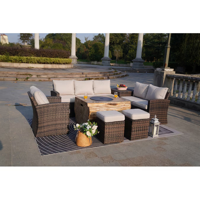 Arthur 7 -Piece Wicker Patio Sofa Conversation Set with Tan Cushions
