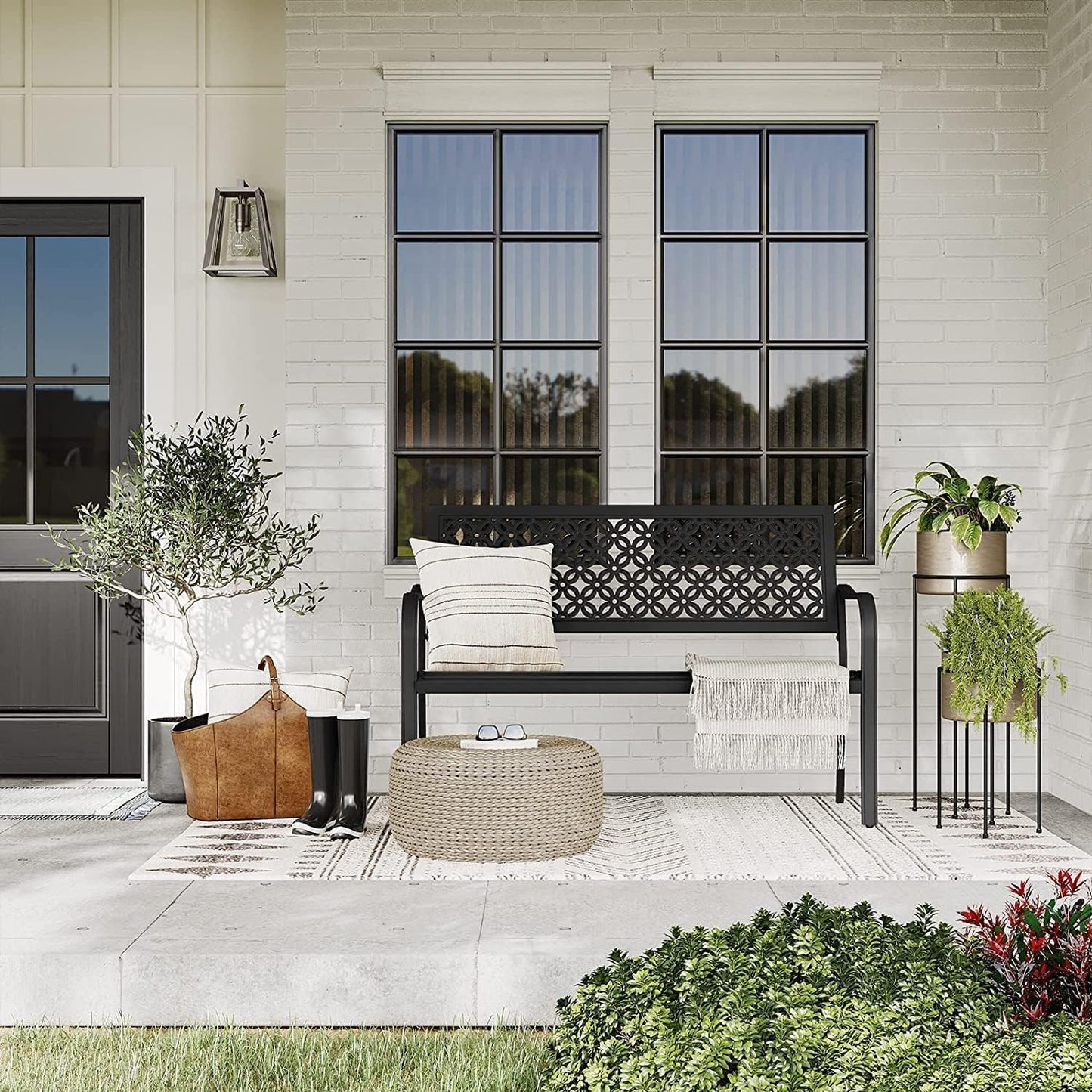 Outdoor Bench, Garden Benches with Anti-Rust Metal Powder Coated Frame, Patio Bench for Front Porch Park outside Furniture Decor, Black