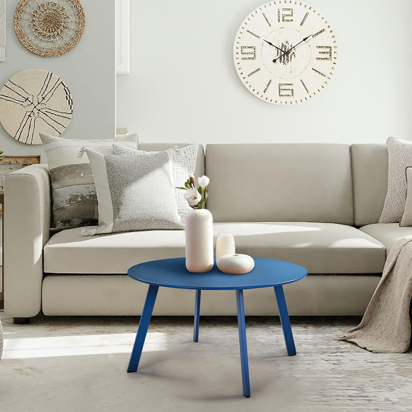 28-Inch round Side Table, Modern Steel Outdoor End Side Table for Patio Apartment Bedroom Living Room Balcony, Peacock Blue
