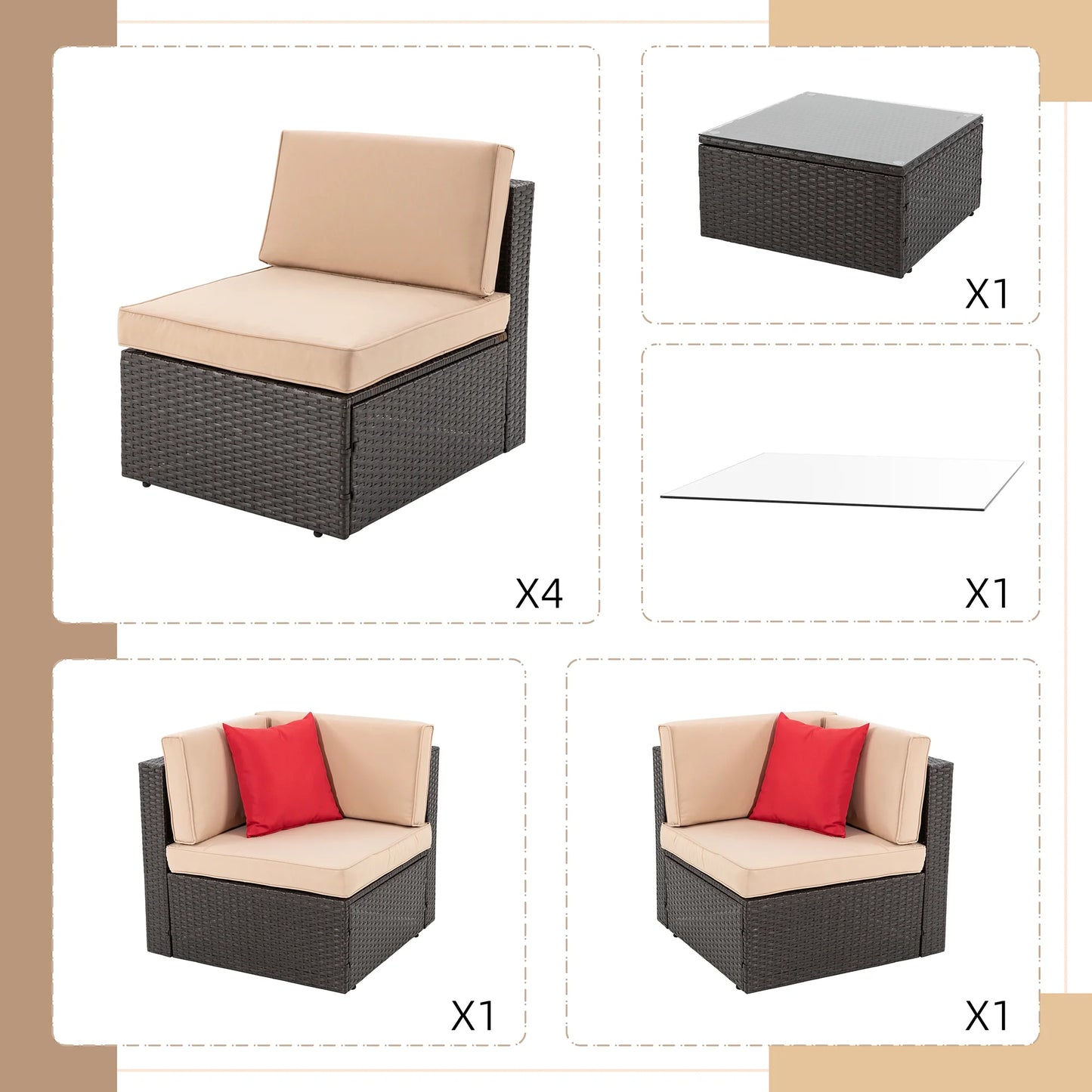 7 Pieces Patio Furniture Sets Outdoor All-Weather Sectional Patio Sofa Set PE Rattan Manual Weaving Wicker Patio Conversation Set Beige