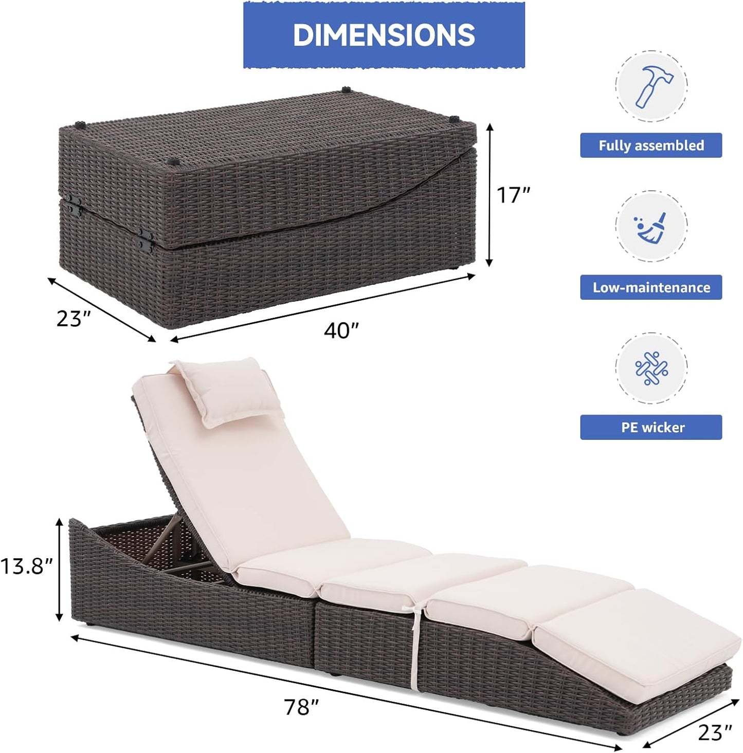 Folding Outdoor Adjustable Chaise Lounge Chair with Removable Cushion, Fully Assembled, Patio PE Rattan Reclining Lounger for Pool Beach, Dark Brown Rattan & Beige Cushion