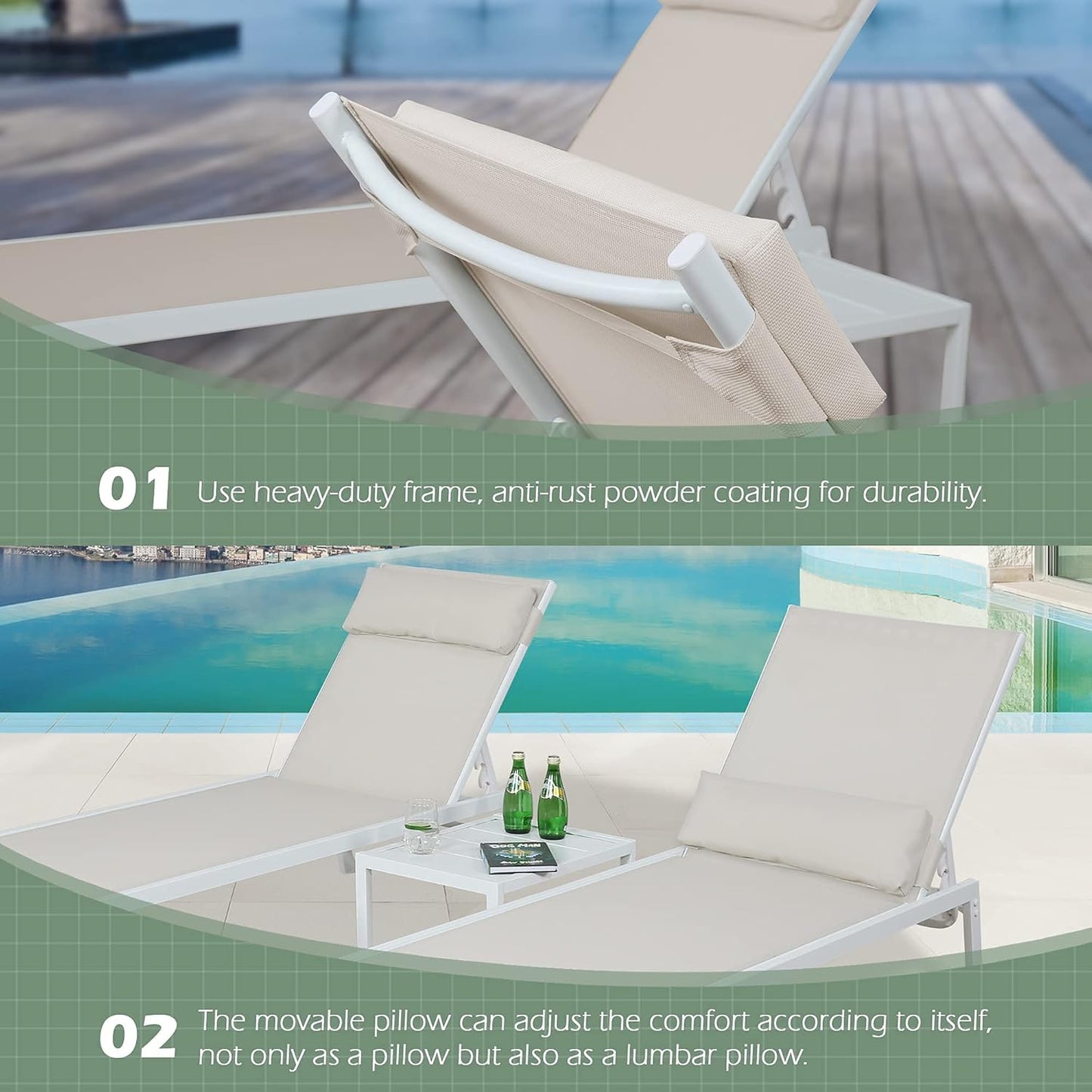 3-Piece Patio Chaise Lounges Set Outdoor Full Flat Lounge Chairs Set of 2 with Steel Table, Beige