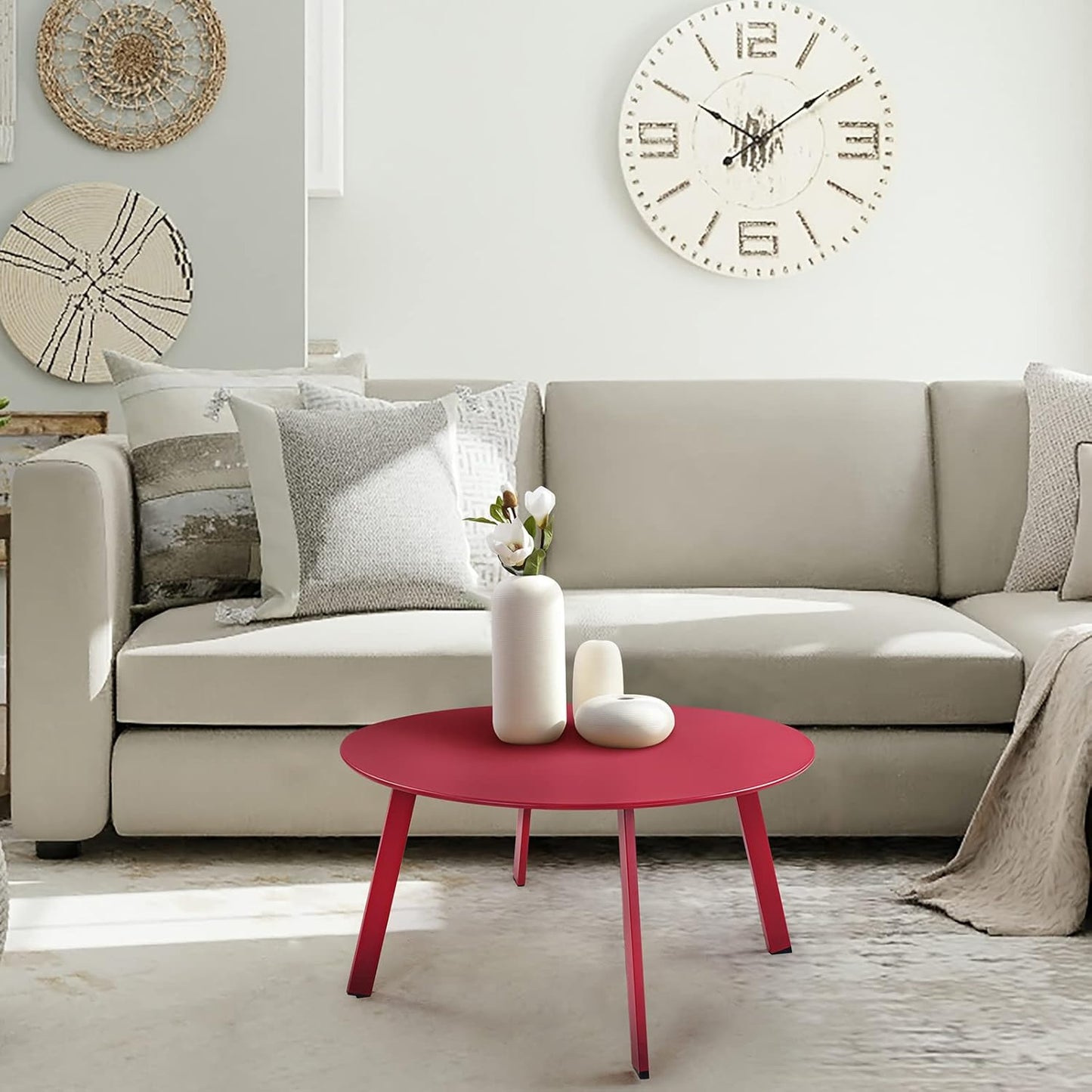 28-Inch round Side Table, Modern Steel Outdoor End Side Table for Patio Apartment Bedroom Living Room Balcony, Red