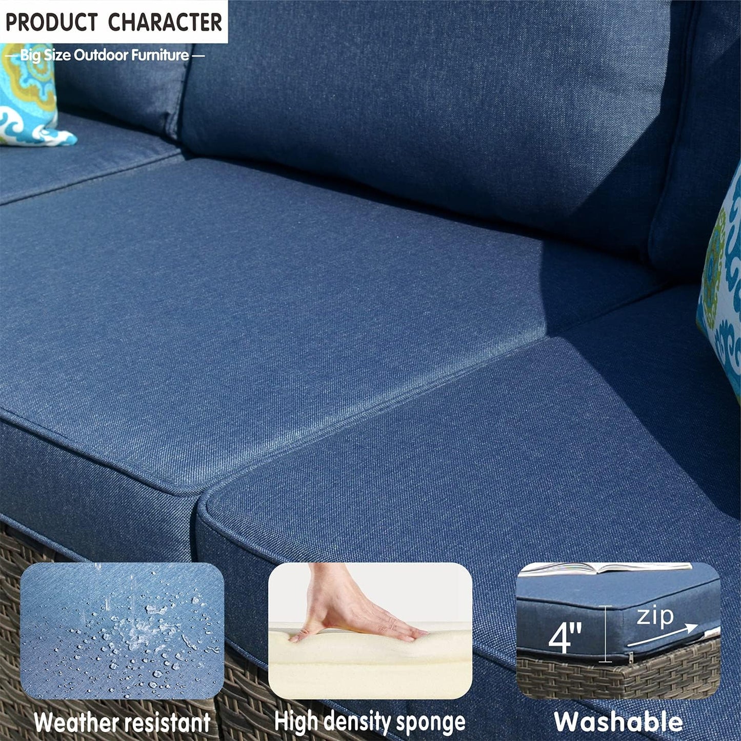 Patio Furniture Set, No Assembly 9 PCS Big Size Outdoor Sectional Sofa All Weather PE Rattan Wicker Outdoor Furniture with 2 Pillows,Grey Wicker Denim Blue
